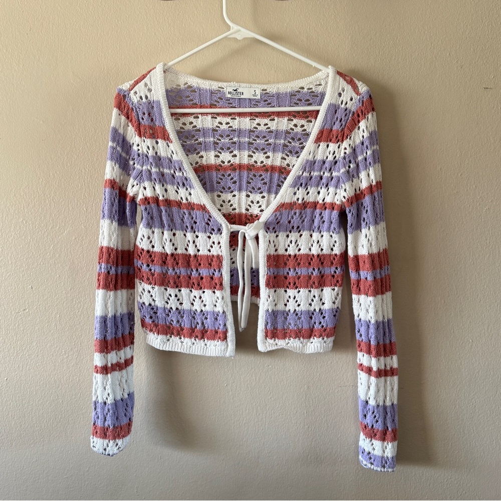 Hollister Striped Pointelle Open Knit Front Tie Cropped Cardigan Sweater Size S